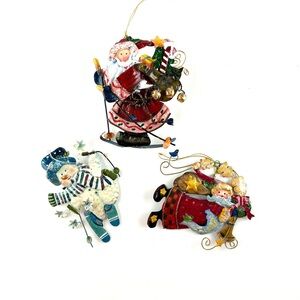 Enameled Tin Festive Christmas Ornaments. Set of Three.